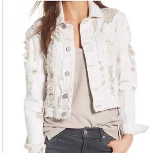 Hudson Garrison Distressed Cropped Denim Jacket Cream Linen Blend White Size xs